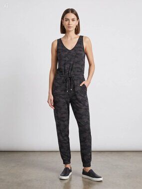 Charcoal Grey Camo Sleeveless Jogger Jumpsuit Tie Waist Back Zipper